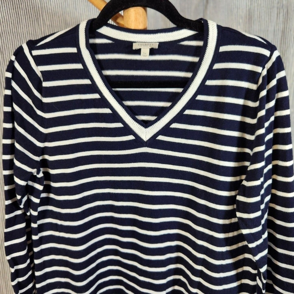 Talbots $90 Petite Large Navy White Striped V-Neck Side Button Sweater